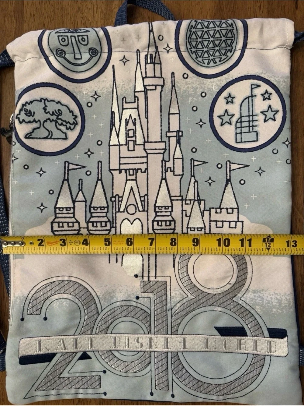 Cute 2018 WALT DISNEY WORLD Large Drawstring Backpack Blue Silver White metallic